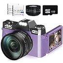 Digital Camera for Photography, 4K 48MP Vlogging Camera for YouTube with WiFi, 3-inch 180-degree Flip Screen, 16X Digital Zoom, 52mm Wide Angle & Macro Lens, 32GB TF Card and 2 Batteries(Purple)