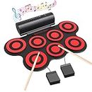 Electronic Drum Set - KONIX Bluetooth Electric Midi Drum Set for Beginner Portable Roll Up Drum Practice Pads - Musical Instruments With Built-In Speaker,Drum Pedals Drum Sticks(Red)