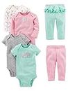 Simple Joys by Carter's Baby Girls' 6-Piece Bodysuits (Short and Long Sleeve) and Pants Set, Aqua Green Elephant/Grey Dots/Pink Stripe/White Forest Animals, 24 Months