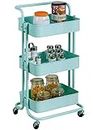 3-Tier Rolling Utility Cart Rolling Cart Storage Organizer Trolley with Lockable Wheels for Office Home Kitchen Bedroom Bathroom (Blue)