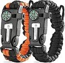 aZengear Paracord Survival Bracelet (2 Pack) | Flint Steel Fire Starter, Compass, Whistle,Hiking Accessories, Wild Camping Equipment Kit, Bushcraft, Emergency (Black and Orange)