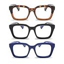 MMOWW Paquete de 3 gafas de lectura rectangulares - Gafas de gran tamaño con montura cuadrada anti luz azul para mujeres y hombres (Negro + Azul + Tortuga, 3.0)