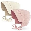 JELLYTREE Baby Hat Brimmed Sun Bonnet Muslin Double Gauze Toddler Sun Hat Infant Boys Girls Beanie Caps, 6m 12m 24m, 2 Pack: Beige + Pink, 6-12 Months