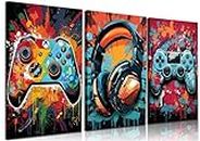 3Pcs Game Wall Art Color Video Game Handle Earphone Graffiti Theme Poster Room Decor ative Neon Light Poster Prints Picture Children Youth Art Game Machine Boys Bedroom Home Artwork Framed Ready to