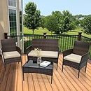 Patio Furniture Set, 4 Pieces Porch Backyard Garden Outdoor Furniture Rattan Chairs and Table Wicker Conversation Set with Beige Cushions, Black