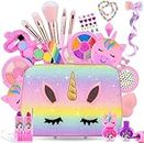 Easter Birthday Gifts Unicorn Makeup Kit for Kids, Washable Cosmetic Set as Princess Birthday Gift Toy with Bag, Children Cosmetic Beauty Set for Girls Age 4 5 6 7 8 9 10 Year Old