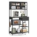 VASAGLE Bakers Rack with Charging Station, Coffee Bar Stand with Adjustable Storage Shelves, Fabric Drawer, 12 Hooks, Table for Microwave, Kitchen, Charcoal Gray and Ink Black UKKS028B22