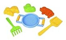 Lena 05418 Happy Sand Accessories - Set di 6 giocattoli da spiaggia, 2 manici antiscivolo, paletta per farina, rastrello e 3 pirottini per bambini dai 12 mesi, multicolore, 6 pezzi (con colino)