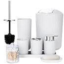 FEILANDUO Bathroom Accessories Sets Complete, 8 Pcs Bathroom Accessory Set with Trash Can, Soap Dispenser, Soap Dish, Toothbrush Holder, Toothbrush Cup, Toilet Brush and Qtip Holders,Vanity Tray White