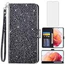 Asuwish Phone Case for Samsung Galaxy S21 5G 6.2 inch with Tempered Glass Screen Protector Cover and Card Holder Slot Kickstand Cell Accessories Flip Folio Glitter Wallet S 21 21S G5 Women Men Black