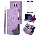 Phone Case for Samsung Galaxy S7 Edge Wallet Cover With Tempered Glass Screen Protector and Wrist Strap Leather Flip Zipper Credit Card Holder Cell Accessories S7edge S 7 GS7 7s 7edge Women Men Purple