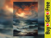 "Olas Ember: Impresión al óleo de una puesta de sol del océano radiante 5"" x 7"