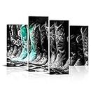 RnnJoile 4 Piece Cowboy Boots Canvas Wall Art American West Style Rodeo Boots Pictures Poster Black Teal Home Living Room Bedrom Decor Gallery Wrapped Giclee Prints