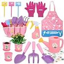 CUTE STONE Pink Kids Gardening Tool Set, Garden Toys W/ Shovel, Rake, Trowel, Apron W/Pockets, Garden Tote Bag, Watering Can, DIY Stickers, Outdoor Backyard Digging Gift Toys for Boys Girls