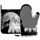 Mxocom Black Wolf Howling at The Moon Oven Mitt and Pot Holder with Silicone Stars on The Sky in The Evening Heat Resistant Kitchen for Cooking BBQ Baking Grilling Spring/Summer