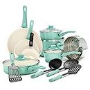 GreenLife Soft Grip Healthy Ceramic Nonstick, 16 Piece Cookware Pots and Pans Set, PFAS-Free, Dishwasher Safe, Turquoise