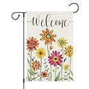 Louise Maelys Welcome Summer Flowers Garden Flag 12x18 Double Sided, Burlap Small Sunflower Daisy Flower Garden Yard House Flags Outside Outdoor Spring Seasonal Porch Lawn Decoration (ONLY FLAG)