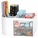 LETURE Desk Organizer Office Supplies Caddy with Pencil Holder and Drawer for Desktop Accessories, Business Card/Pen/Pencil/Mobile Phone/Stationery Holder Storage Box (White)