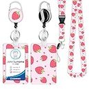 Pink Strawberry Lanyard with Id Holder,Retractable Lanyards for Id Badges for Women,Heavy Duty Carabiner Clip,Vertical Id Badge Holder with Lanyard Breakaway for Teacher Nurse Office