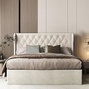 Aykah Velvet Upholstered Tufted Storage Bed, Foam Filled Luxury Fabric, Low Profile Platform, Metal Bed Frame with High Headboard, Wood Slat Support, Modern Design (Ivory, Queen (U.S. Standard))