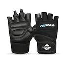 Nivia Pro Grip Genuine Leather Gloves,Gym Gloves for Men and Women Weightlifting Gloves,Stretch Fabric with Neoprene Strap, 1/2 Finger Durable Wight Lifting Gloves - Black(Large)