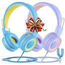 VotYoung Kids Headphones with Microphone for Kids, 2 Pack Kids Headphones with Sharing Splitter, Wired Kids Headset with 91dB Volume Limit, On-Ear Stereo Headset for School/Tablet/Travel
