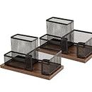 Antique Wood & Mesh Pen Holder Office Supplies Caddy, Storage Baskets for Desktop Accessorieswith Sticky Notes Holder,3 Compartments（2 Pcs Black）