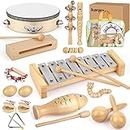 Kids Musical Instruments,100% Natural Wooden Music Percussion Toy Sets, 23 Pcs Tambourine Xylophone Toys for Kids, Girls Boys Preschool Education Early Learning Musical Toys with Bags