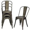 COSTWAY Set of 4 Stackable Dining Chairs, Metal Stacking Side Chairs with Backrest & Rubber Feet, Industrial Tolix Chairs for Kitchen Dining Room Bar Bistro Cafe (Gun, Hollowed Iron Seat)