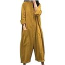 FBYBN Womens Romper Casual Solid Long Sleeve Fashion Jumpsuit Comfy Cotton Linen with Pockets Wide Leg Long Pants Button Yellow
