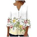 3/4 Bell Sleeve Floral Tops Women Henley Neck Pleated Shirt Dressy Blouses Hide Belly Casual Summer Top Vacation Boho Tshirt Discount Codes for Today