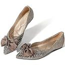 Zelaprox Women's Flats Shoes Rhinestone Pointed Toe Flats Comfort Low Wedge Dressy Flats Silver Bowknot Flats Light Weight Casual Ballet Shoes