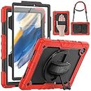 SEYMAC for Samsung Galaxy Tab A8 Case 10.5 Inch (SM-X200/ X205/ X207), Heavy Duty Full-Body Shockproof Protective Case with Screen Protector, Rotating Stand, Hand/Shoulder Strap and Pen Holder, Red