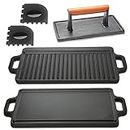 Cast Iron Griddle, Plus Cast Iron Grill Press & Pan Scrapers - Reversible Grill/Griddle for Stove top, Gas, Preseasoned & Non-Stick, measure 17 x 9 inch,