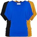 Free to Live 3 Pack Dolman Short Sleeve Business Casual Tops for Women Dressy Shirts Fall Travel Tunic to Wear with Leggings, Black, Mustard, Royal Blue, Large