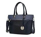 MKF Crossbody Shoulder Bag for Women – PU Leather Top Handle Pocketbook – Roomy Tote Satchel Handbag Purse M Charm, Grace Navy Blue, Large