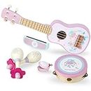 WoodenEdu Kids Guitar for Girls, Wooden Musical Instruments Toys with Ukulele, Tambourine, Maracas, Harmonica, Mini Band Sets for Toddlers 2 3 Years Old Birthday Gift (Pink for Girls)