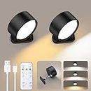 Brightown LED Magnetic Wall Sconce Lights, 2 Pack USB Rechargeable Wall Mounted Lights with Remote, 3 Lighting Colors and Dimmable, 360° Rotation Cordless Wall Mount Lamp for Bedroom, Black
