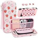 Large Switch Protective Case Compatible with Nintendo Switch（OLED） with Dockable Cover, Cute Travel Carry Case Bundle Bag Portable Protective Accessories Kit, Strawberry Pink