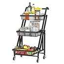 Homes Element Multi-Purpose 3 Tier Rolling Kitchen Storage Cart, 180° Folding Utility Removable Baskets Trolley for Fruits & Vegetable Cutlery Spice Jars Container Organizer Holder Stand with Wheels