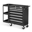 TUFFIOM 7-Drawer Rolling Tool Chest w/Lock & Key, Tool Storage Side Cabinet with Side Shelves Wheels, Top Cushion & Drawer Liners, Tool Organizer Box for Garage, Warehouse & Repair Shop, Black