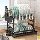 REASOR 2 Tier Dish Drying Rack Set, 360 Degree Rotating Drainer,Rustproof Cutlery Rack for Kitchen Countertop with Draining Board, Cutting Board Holder, Cup Holder, Cutlery Rack