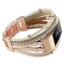 Posh Leather Band Compatible with Fitbit Charge 2 Bands, Boho Handmade Bracelet Multilayer Wrap Layered Wristbands Compatible for Women (Khaki with Rose Gold)