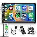 Universal Double Din Car Stereo 7 inch Touchscreen with Apple Carplay Android Auto Mirror Link FM Receiver Multimedia Player Head Unit Bluetooth 5.1 EQ USB TF AUX+ Backup Camera & Remote & MIC