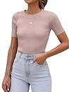 ANRABESS Womens Shirts Crewneck Short Sleeve Ribbed Sweater Tops Knit Slim Fit 2024 Summer Casual Basic Solid Tee Top, Pink, Medium