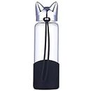 HOLD U FUN 350ML/12oz Cute Fox Kids Borosilicate Glass Water Bottle,with Nylon Sleeve Sport Cup,Leak-Proof Travel Juice Mug for Girls&Children (Black)