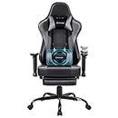 VON RACER Gaming Chair Ergonomic PC Chair with Massage Lumbar Support and Headrest,Game Chair Adjustable Armrests for Computer PU Leather E-Sports Gamer Chairs with Retractable Footrest Grey