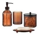 4PCs Heavy Weight Decent Glass Bathroom Accessories Set with Decorative Pressed Pattern - Includes Hand Soap Dispenser & Tumbler & Soap Dish & Toothbrush Holder (Brown)