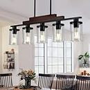 Dining Room Light Fixture/Chandelier Over Table,5-Light Kitchen Island Lighting Hanging for Farmhouse Linear Chandeliers Matte Black Rustic Wood Ceiling Pendant Light Fixtures with Clear Glass Shade