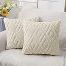 CJWLKJ 2Pcs Soft Faux Fur Throw Pillow Covers 18x18 - Plush Short Wool Velvet Decorative Pillow Covers - Couch Sofa Pillow Covers for Living Room - with 3D Diamond Pattern (Beige)